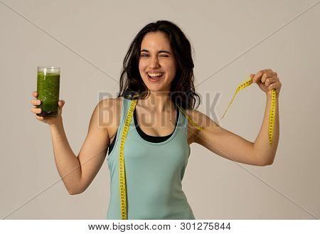 Fitness Woman Smiling Happy With Diet Plan To Loose Weight; Exercise And Green Vegetable Smoothie He