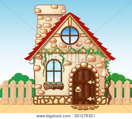 Fabulous Cozy House With A Wooden Fence And A Red Tiled Roof. Fairytale House. Fairy-tale House With