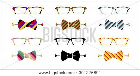 Set Of Glasses And Bow Ties. Isolated Items In Striped Colors. Bright And Memorable Images.