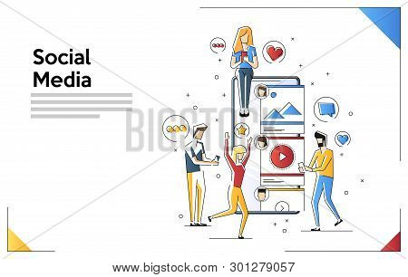 Line Art Illustration Of Young People Using Mobile Gadgets Such As Laptop, Tablet Pc And Smartphone 