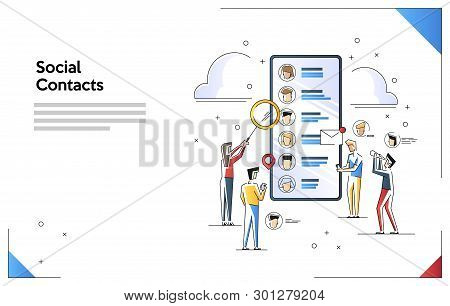 Vector Illustration Of Contact List Social Network. Flat Line Art Style Concept. Small People Charac