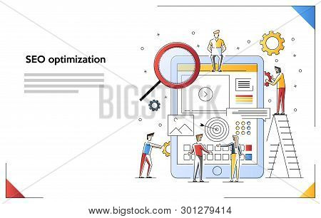 Conceptual Web Seo Illustration. Flat Line Art Style Concept. Teamwork Project, Web Agency Or Male Y
