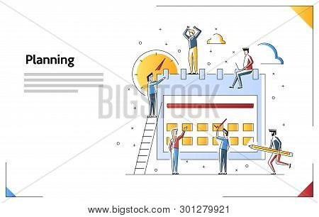 Vector Illustration Of A Big Tablet With Online Schedules Surrounded By Tiny Developers. Business Me