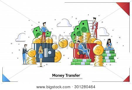 Vector Illustration Of Financial Transactions, Money Transfer. Sending Money From Wallet To Wallet. 