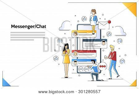 Mobile Chat Design Concept. Small People Character Are Setting Near Big Smartphone And Communicate T