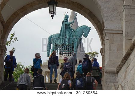Budapest, Hungary. May 10, 2019. Fisherman's Bastion (Halaszbastya), statue of King Stephen                         