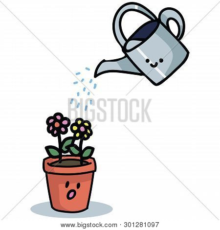 Cute Watering Can With Flowers And Kawaii Face Cartoon Vector Illustration Motif Set.