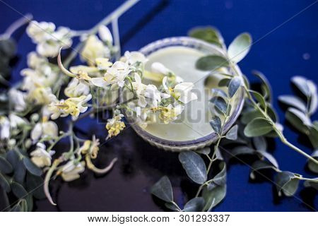 Ayurvedic Herb Drumstick Flowers Along With Some Leaves On Wooden Surface Along With Its Paste In A 