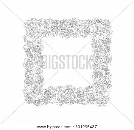 Decorative Frame With Flowers, Roses, Peonies. Elegant And Stylish Template For Text. Vector Illustr