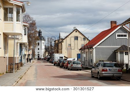 Sveg, Sweden - May 14, 2019: View Of The Kyrkogatan Street In Downtown Sveg In The Province Of Harje