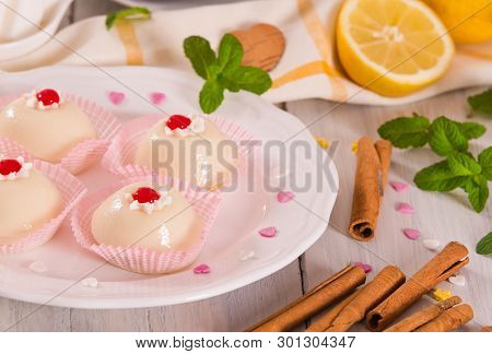 Sicilian Ricotta Cake (cassata) On White Dish.