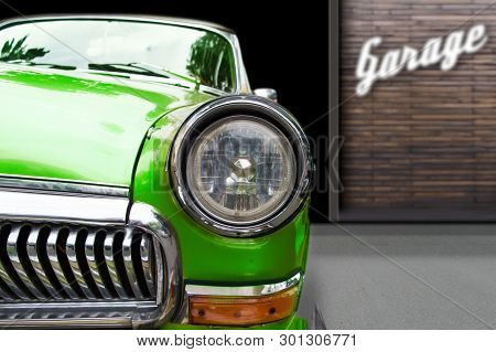 Vintage Retro Car On Garage Background Close-up View