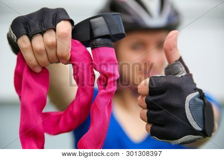 Girl With Bicycle  Lock. Bicycle U- Lock