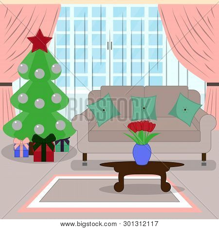 New Year's Interior Living Room With Christmas Tree. A Cozy Room Decorated For Christmas. Flat Style