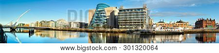 Dublin, Ireland - February 4, 2017: Panoramic Image Of Convention Centre Dublin (ccd) And Samuel Bec