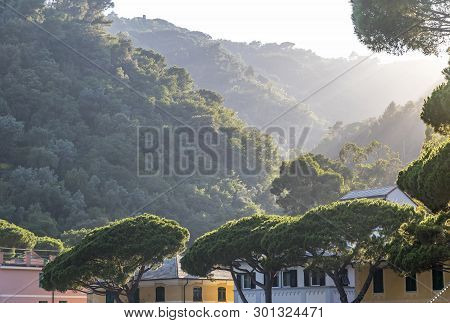 Sunset Over Paraggi Village In Santa Margherita Ligure On Mediterranean Seacoast, Italy
