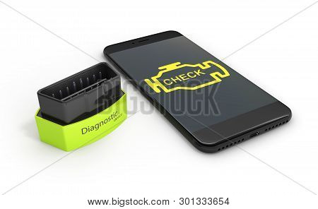 Car Diagnostic Concept Close Up Of Obd2 Wireless Scanner With Smartphone On White Background 3d Illu