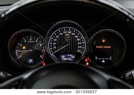 Novosibirsk, Russia - May 15, 2019:  Mazda Cx-5,close-up Of The Dashboard, Speedometer And Tachomete