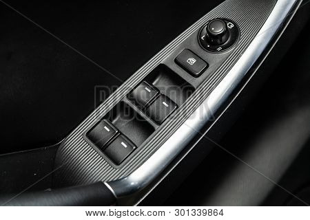 Novosibirsk, Russia - May 15, 2019:  Mazda Cx-5,close-up Of The Side Door Buttons: Window Adjustment