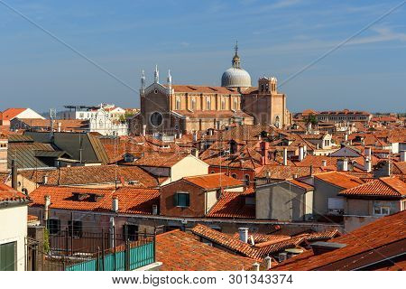 Top View Of Red Roofs From Terrace Of Fondaco Dei Tedeschi In Venice. Italy