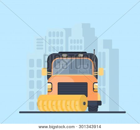 Road Cleaner Car In City. Street Sweeper. Machine For Highway Service
