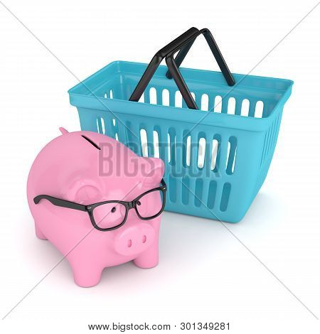 3d Render Of Piggy Bank With Shopping Basket. Saving Money On Shopping Concept
