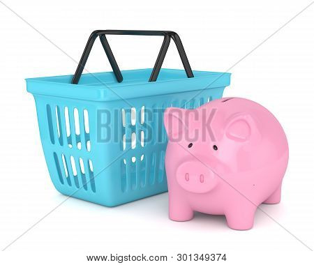 3D Render Of Piggy Bank With Shopping Basket