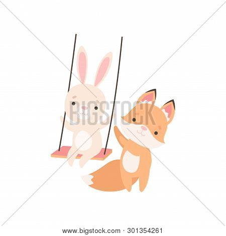 Lovely White Little Bunny Swinging On Rope Swing, Adorable Rabbit And Fox Cub Are Best Friends Vecto