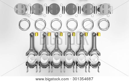 3d Rendering. Crankshaft For 6v Cylinders Engine. Truck Crankshaft On Grey Background. Engine Bearin