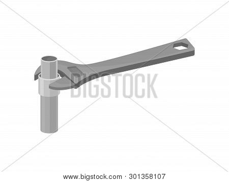 Adjustable Wrench Tightens The Nut On The Pipe. Vector Illustration On White Background.
