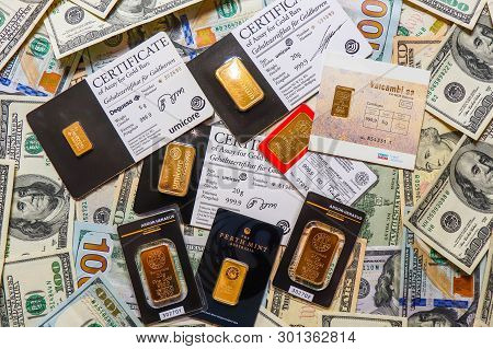 Kiev, Ukraine - April 17, 2019: Gold Bars From Different Manufacturers Umicore, Valcambi, Perth Mint