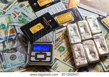 Kiev, Ukraine - April 17, 2019: Gold And Silver Bars From Different Manufacturers: Umicore, Valcambi