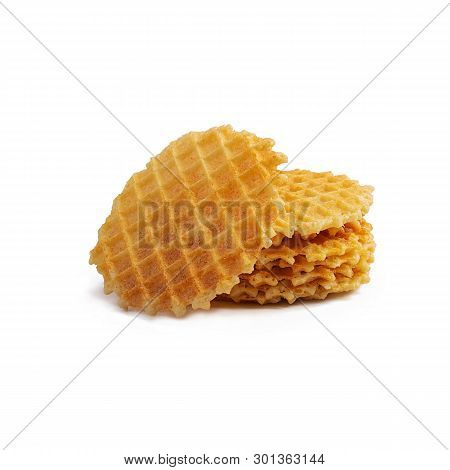 Round Waffels Isolated On White Background. Stack Of Golden Waffels
