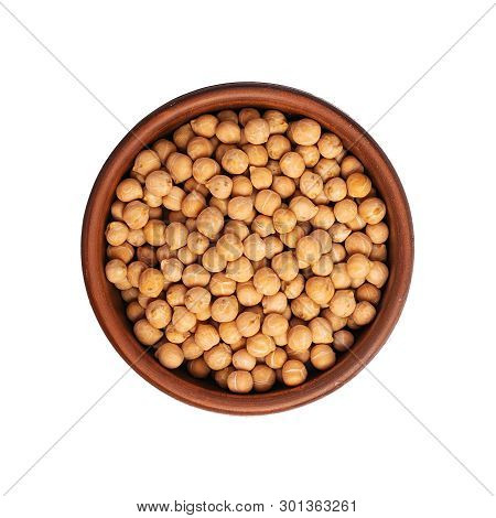 Chickpea In Bowl Isolated On White Background. Top View