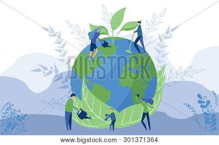 Worlds Environment Day Concept. Illustration Of Our Planet And People Which Save And Take Care Of It