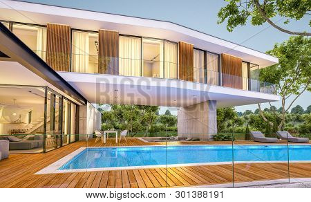 3D Rendering Of Modern House On The Hill With Pool In Evening
