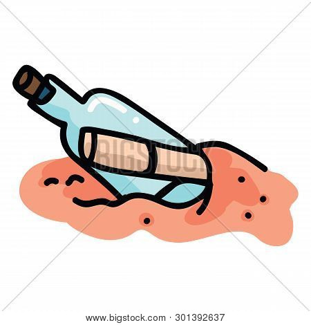 Cute Message In A Bottle In Sand Cartoon Vector Illustration Motif Set. Hand Drawn Isolated Castaway