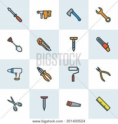 Handtools Icons Colored Line Set With Pliers, Screw, Screwdriver And Other Electric Driver Elements.