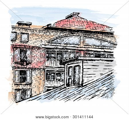 Hand Drawn Architectural Sketch With Dormer In The Foreground. Design For Card, Poster Or Wallpaper.