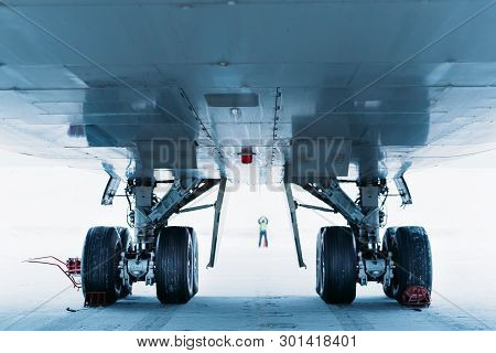 Chassis Cargo Aircraft Boeing 747. Airport In Winter.