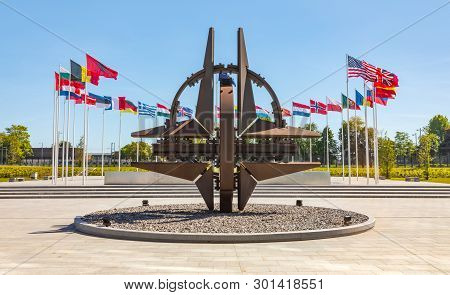 Brussels, Belgium - May 13, 2019: Nato Star Sculpture In Brussels. Nato Headquarters - Political And