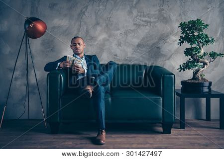 Portrait Of Nice Classy Chic Elegant Attractive Content Busy Guy Wearing Jacket Suit Executive Manag