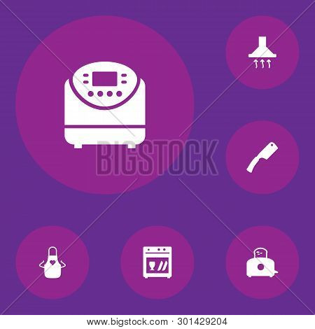 Set Of 6 Cooking Icons Set. Collection Of Axe, Dish Washer, Toaster And Other Elements.