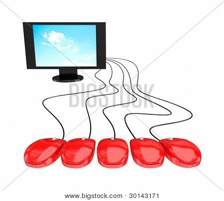 Monitor ja viisi punaista hiiret.
