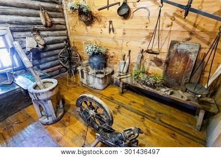 Samara Region, Russia - May 11, 2019: Vintage Wooden House Utensils In Rural Home. Interior Of The H