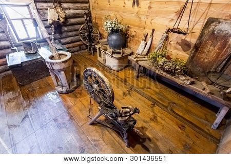 Samara Region, Russia - May 11, 2019: Vintage Wooden House Utensils In Rural Home. Interior Of The H