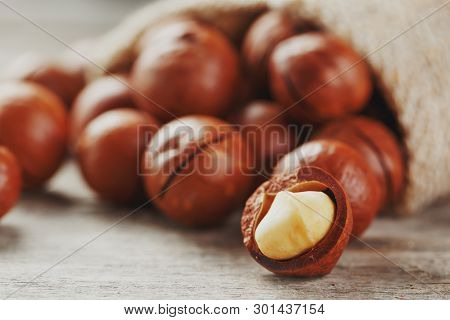 Macadamia Nut On A Wooden Table In A Bag, Closeup, Top View