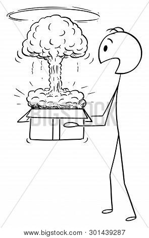 Vector Cartoon Stick Figure Drawing Conceptual Illustration Of Man Opening Cardboard, Carton Or Pape