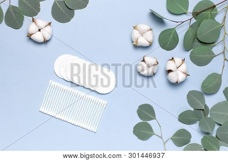 Cotton Cosmetic Makeup Removers Tampons. Spa Concept. Flat Lay Background With Cotton Flowers, Cotto