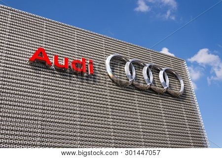 Prague, Czech Republic - May 6 2019: Audi Company Logo On Dealership Building On May 6, 2019 In Prag